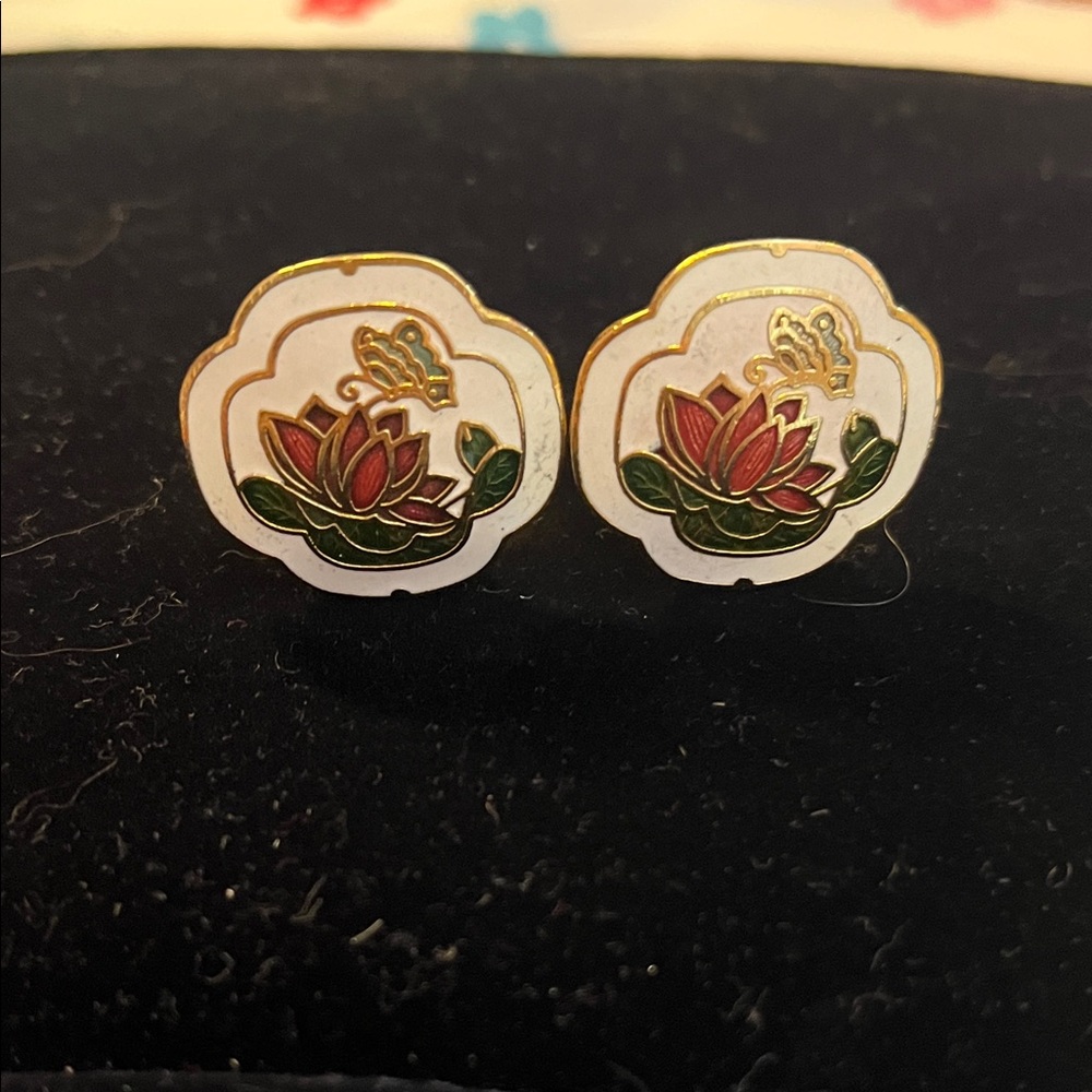 Gold tone and Red Lotus Cloisonné Clip on Earrings